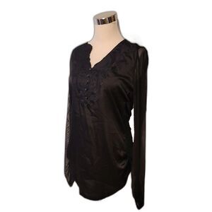 Embroidered Satin Front Shear Back & Sleeves Black Top Size XXL